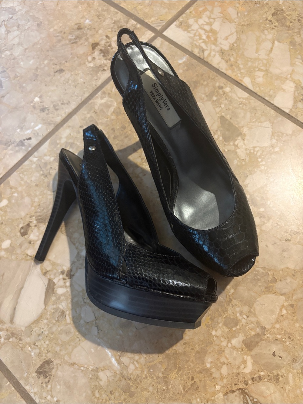 Simply Vera Vera Wang Black Faux-Snakeskin Peep-Toe Platform Slingbacks